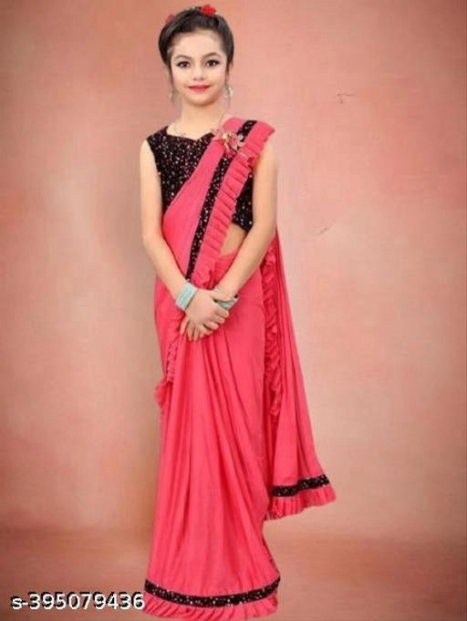 Lycra Solid Saree for Girls — Pink Ethnic Wear (3-4 Years)