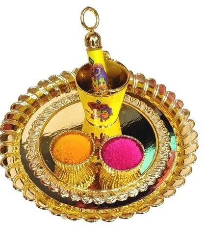 Radha Krishna Printed Bucket Pichkari for Laddu Gopal Holi — Acrylic Small Balti Pichkari Yellow (Plate Diameter 5 Inch, Design 6)