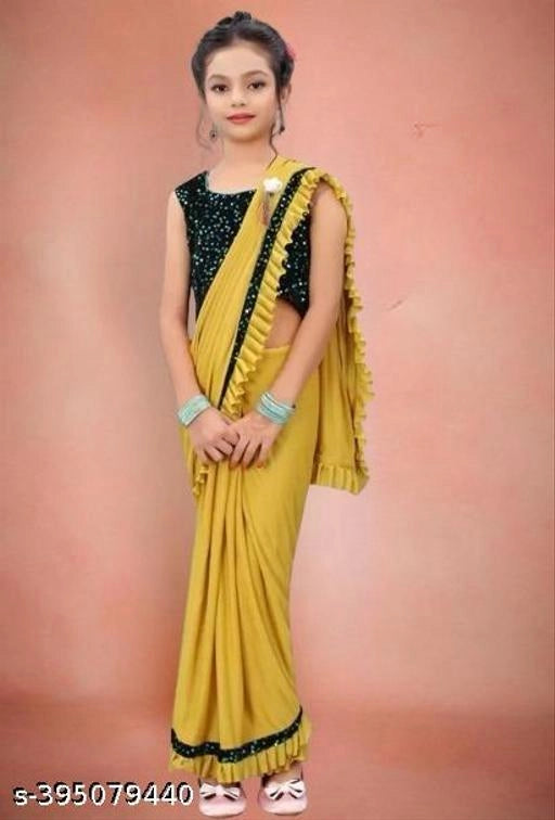Lycra Solid Saree for Girls — Mustard Ethnic Wear (5-6 Years)