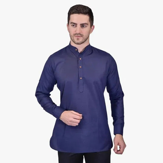 Men's Slim Fit Full Sleeve Cotton Short Kurta — Pack of 3 (Navy Blue)