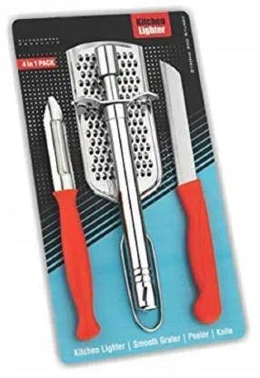 4 in 1 Combo Kitchen Set — Stainless Steel Peeler, Cheese Grater, Gas Lighter & Knife