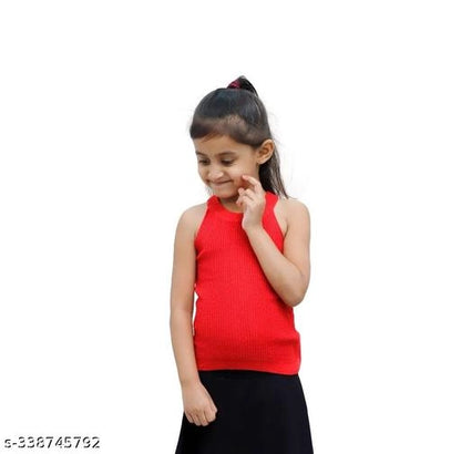 Cotton Blend Solid Top for Girls — Red Casual Wear (1-10 Years)