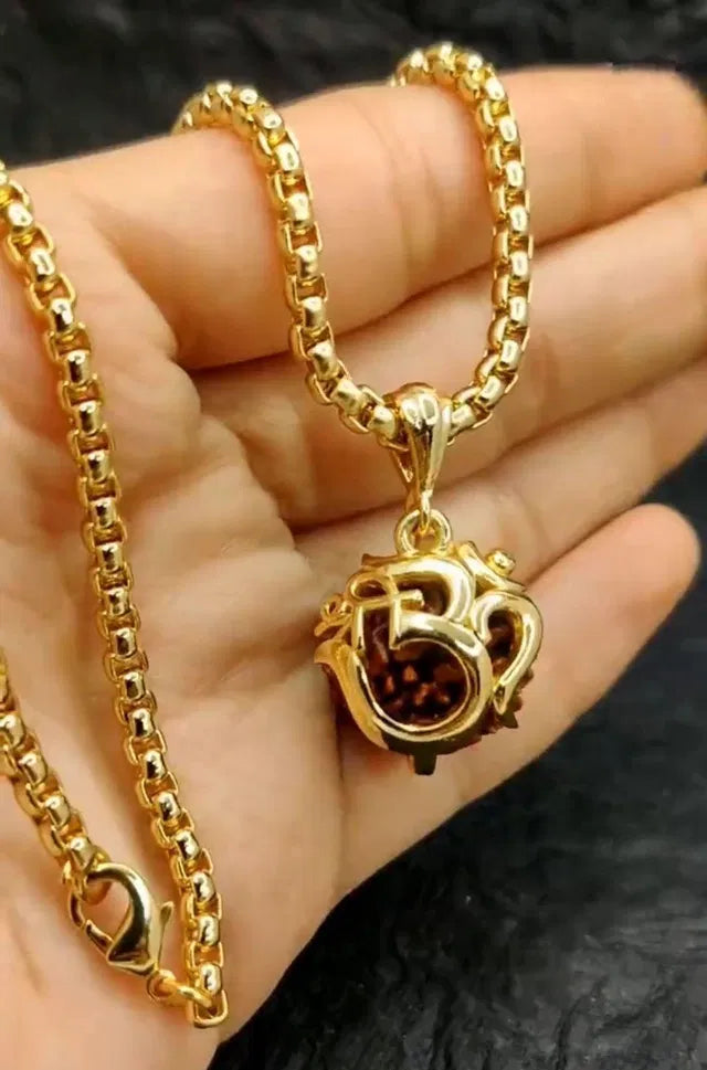 Om Rudraksha Pendant With Chain featuring a natural brown Rudraksha bead on a silver chain, ideal for spiritual and daily