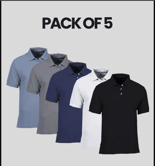 Men's Polo T-Shirts pack with five assorted colors, made of breathable cotton for casual everyday wear.