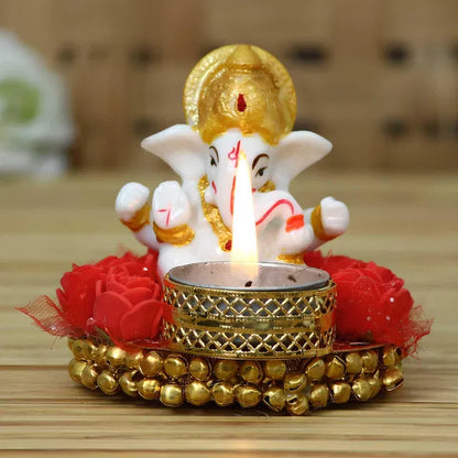 Lord Ganesha Idol on Decorative Plate with Tea Light Holder (Pack of 1)