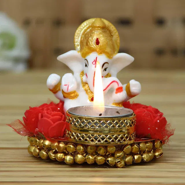 Lord Ganesha Idol on Decorative Plate with Tea Light Holder (Pack of 1)