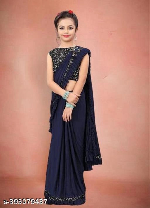 Lycra Solid Saree for Girls — Navy Blue Ethnic Wear for Kids (3-8 Years)