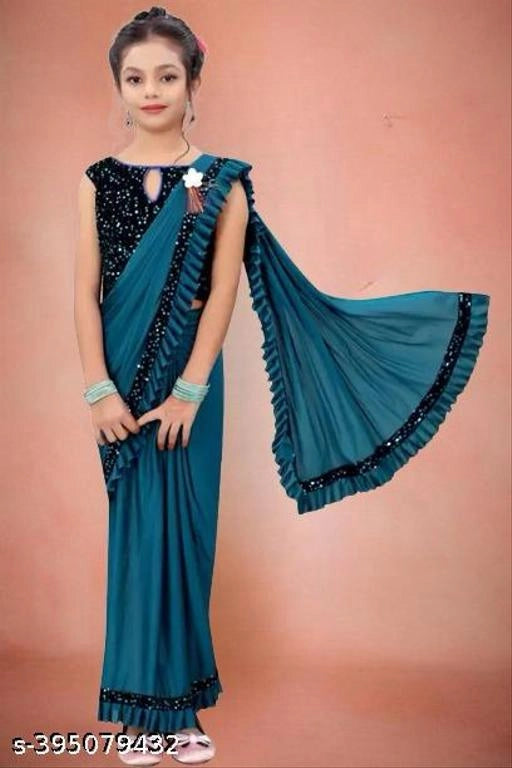 Lycra Solid Saree for Girls — Teal Ethnic Wear (3-4 Years)