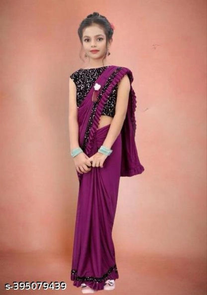Lycra Solid Saree for Girls — Purple Ethnic Wear (3-4 Years)