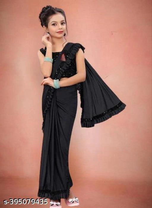 Lycra Solid Saree for Girls — Black Ethnic Wear for Kids (3-8 Years)