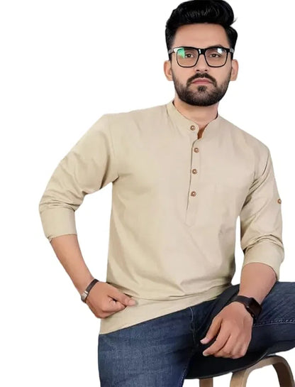 Men's Slim Fit Full Sleeve Cotton Short Kurta — Beige