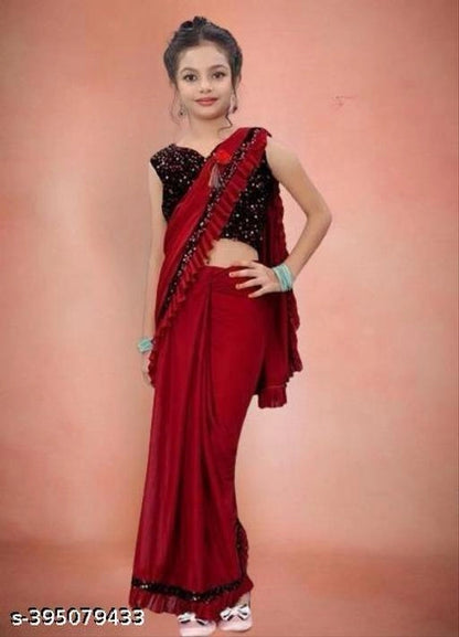 Lycra Solid Saree for Girls — Red Ethnic Wear (3-4 Years)