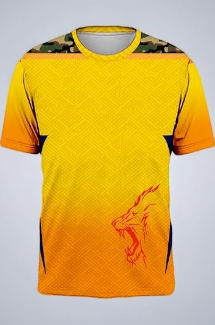 Cricket Fan Sports Jersey — Yellow Graphic Tee with Lion Print & Camo Shoulder Panel for Men