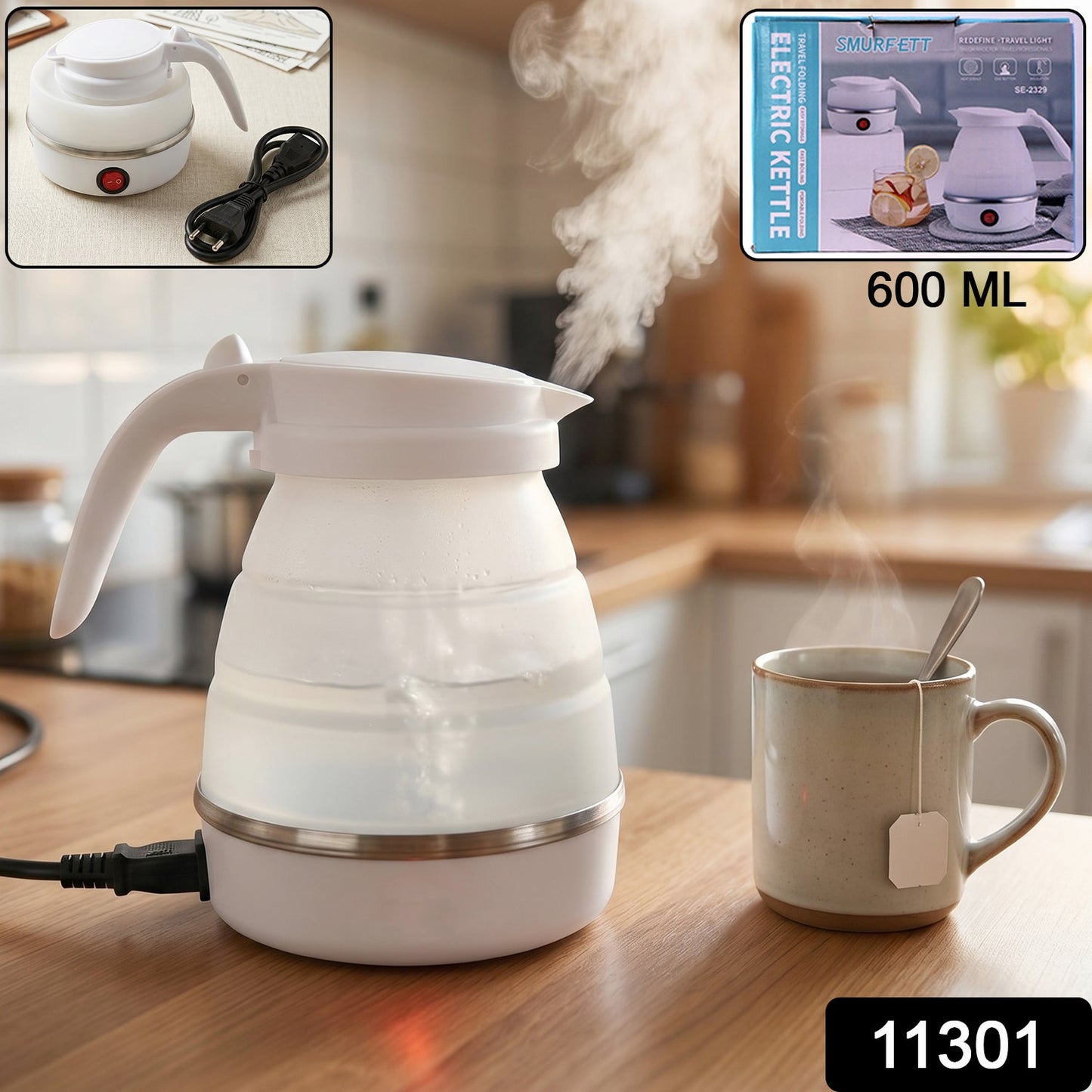 Collapsible Travel Electric Kettle 600ml Foldable Silicone Water Boiler (1 Pc)