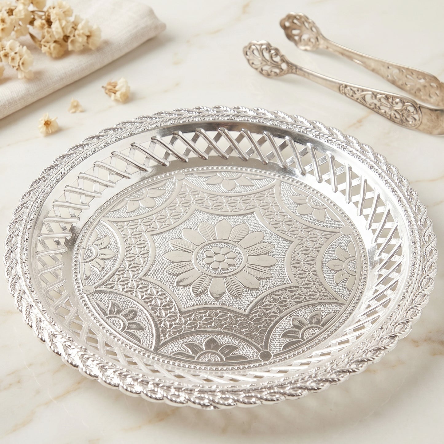 Decorative Silver Serving Tray  Elegant Round Floral Design