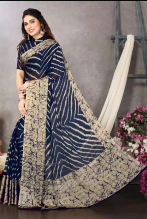 Printed, Striped Leheria Chiffon, Georgette Saree