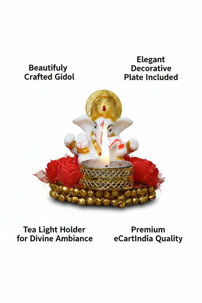 Lord Ganesha Idol on Decorative Plate with Tea Light Holder (Pack of 1)