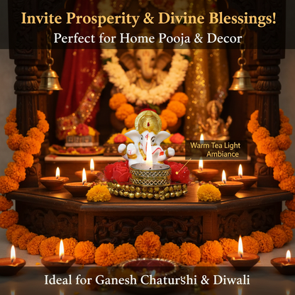 Lord Ganesha Idol on Decorative Plate with Tea Light Holder (Pack of 1)