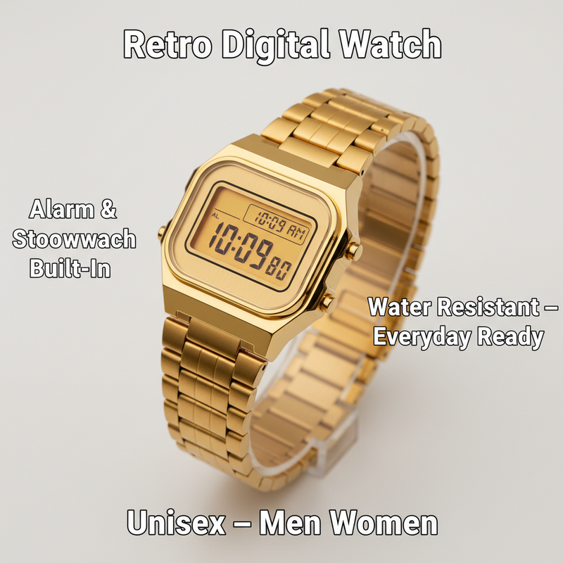 Retro Digital Watch — Unisex Water Resistant Timepiece with Alarm, Stopwatch & Backlight for Men & Women