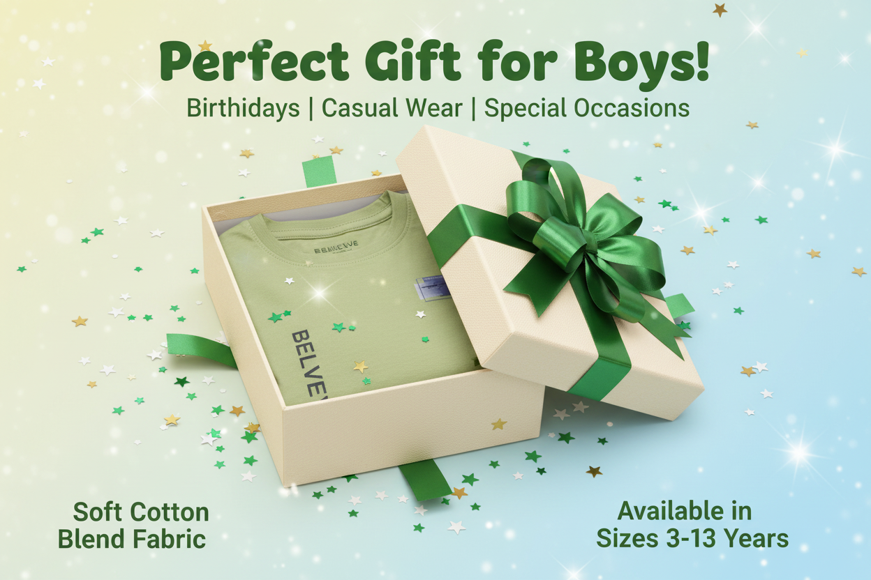 Cotton Blend Round Neck Printed T-Shirt for Boys — Green Casual Wear (3-13 Years)