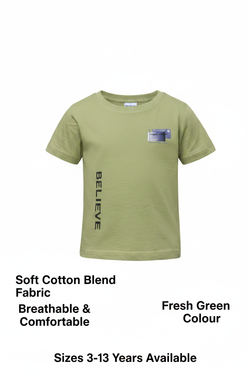 Cotton Blend Round Neck Printed T-Shirt for Boys — Green Casual Wear (3-13 Years)