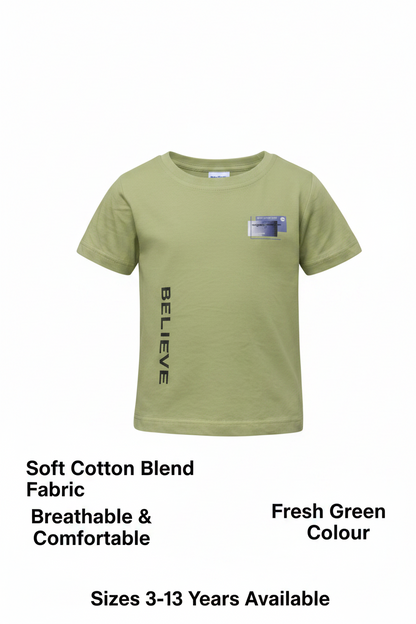 Cotton Blend Round Neck Printed T-Shirt for Boys — Green Casual Wear (3-13 Years)