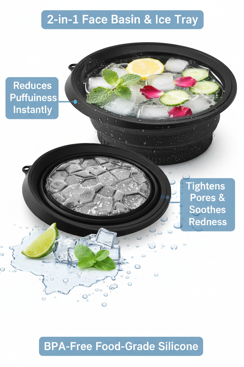Collapsible Silicone Ice Bowl — Foldable Face Wash Basin with Built-In Ice Tray for Skin Icing & Face Care