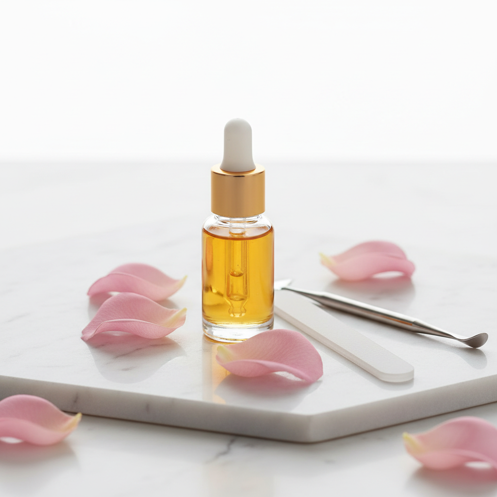 High-Gloss Quick-Dry Nail Oil bottle on marble surface with rose petals