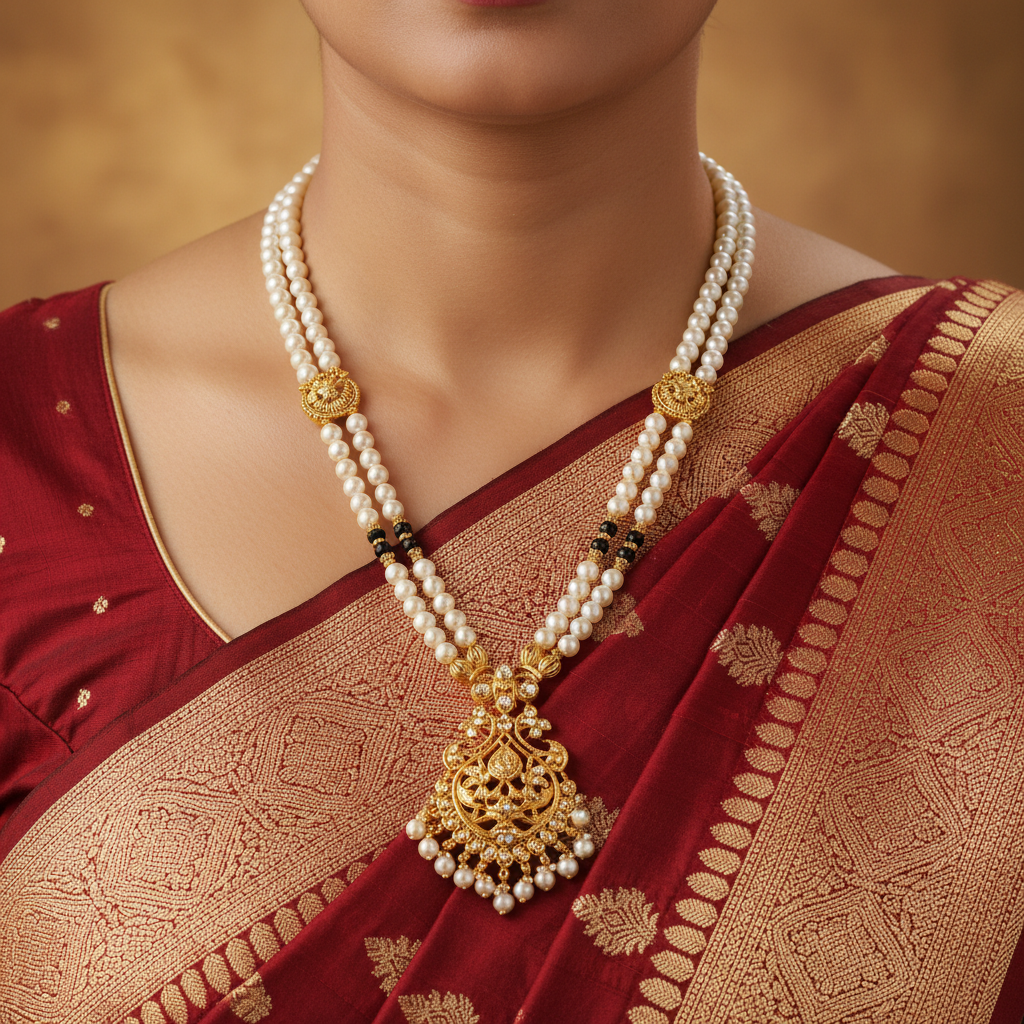 Indian woman wearing gold-plated pearl mangalsutra with traditional outfit