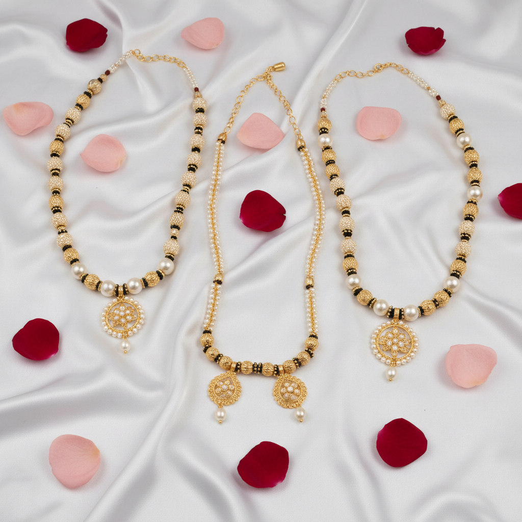 Pack of 4 gold-plated mangalsutra necklaces with moti beads flat lay on white silk
