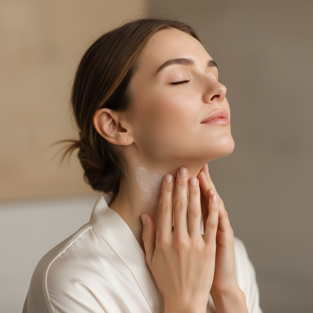 Woman applying neck firming cream to neck and jawline
