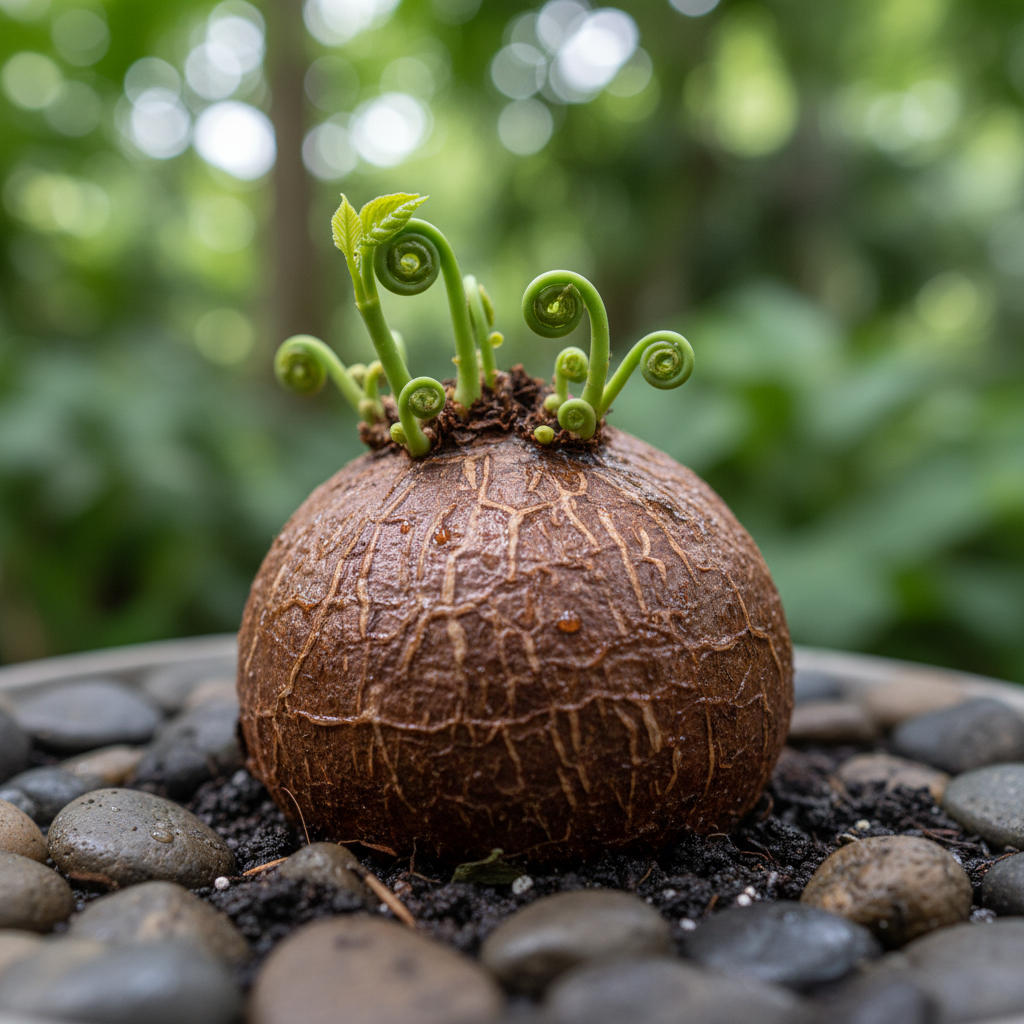 Stephania Erecta bulb with green sprouts on dark moist soil close-up