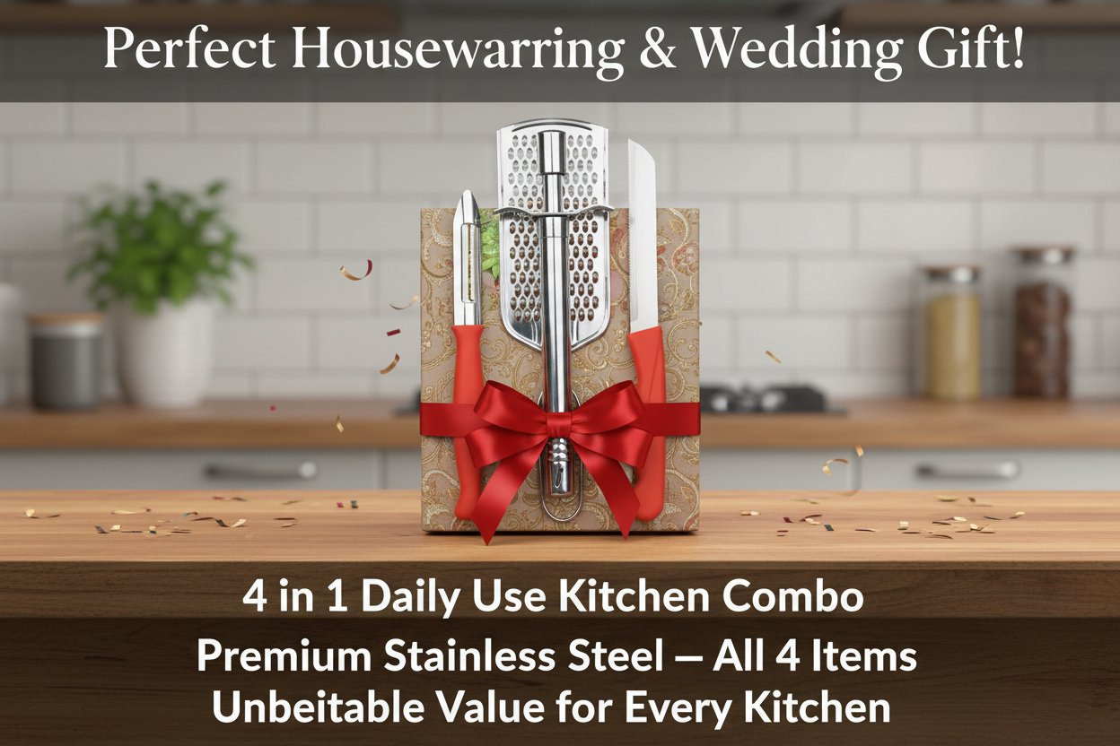 4 in 1 Combo Kitchen Set — Stainless Steel Peeler, Cheese Grater, Gas Lighter & Knife
