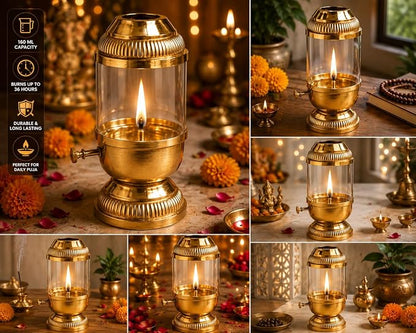 Premium Pure Brass Akhand Diya with Glass Cover for Pooja, Aarti & Home Temple