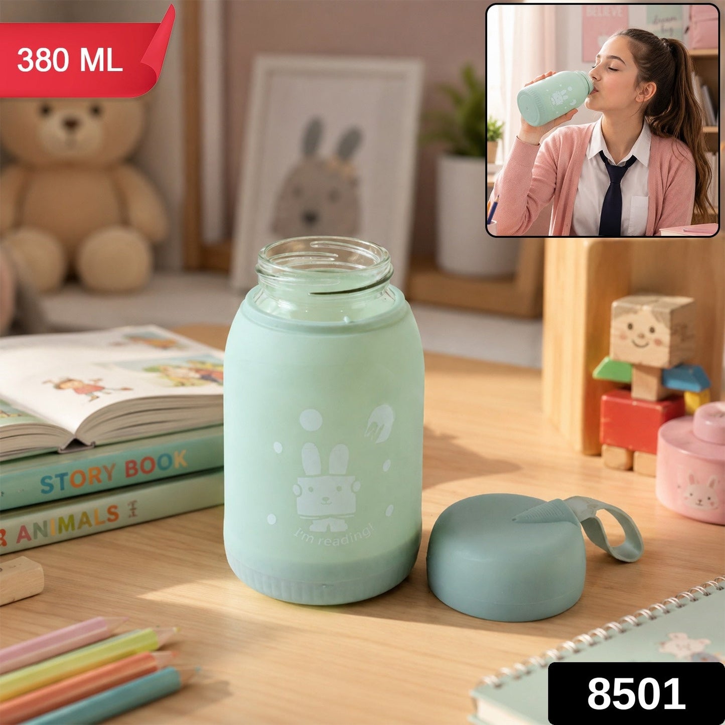 Glass Water Bottle 380ml With Lid (1 Pc)