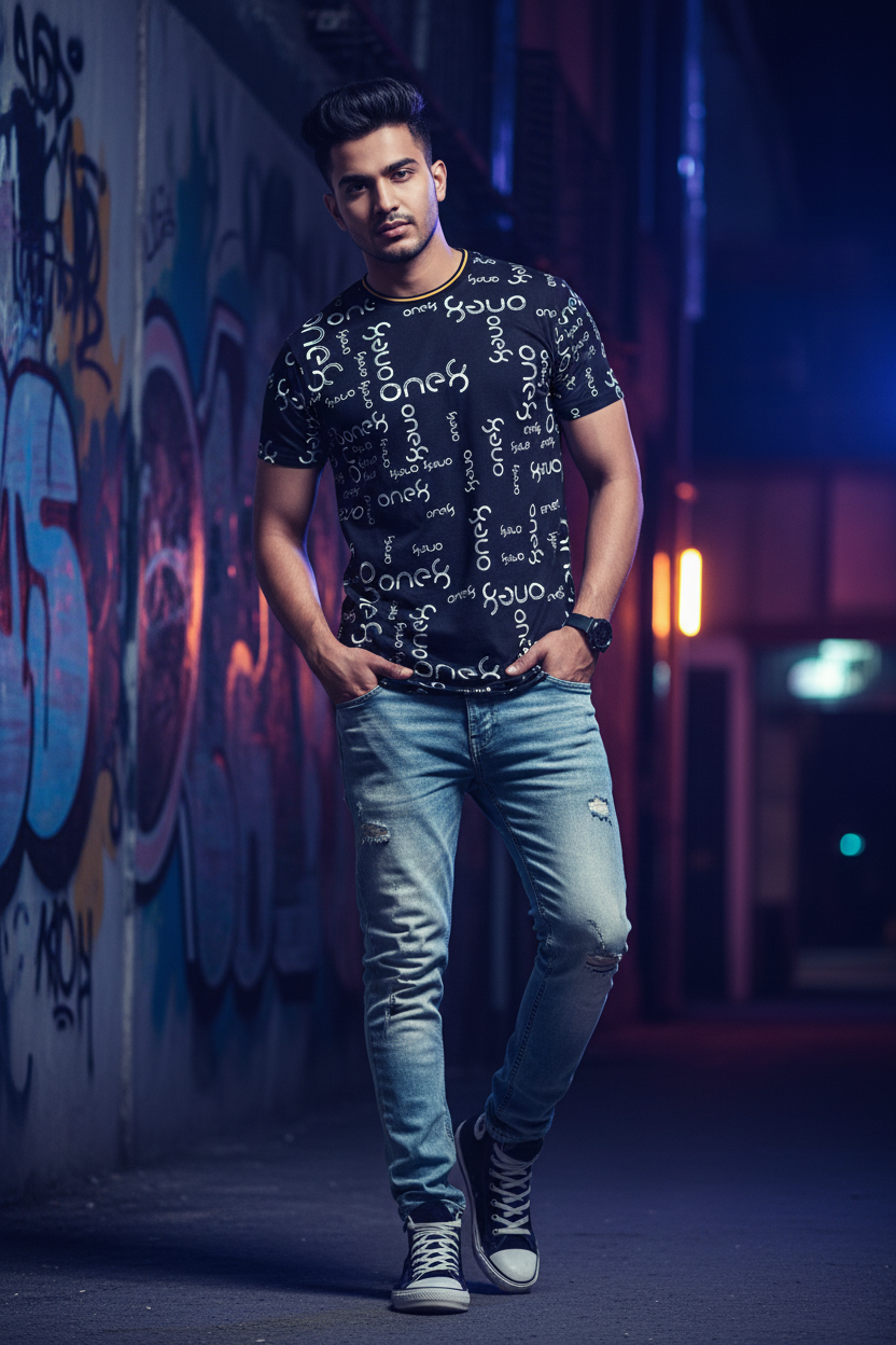Men's Black All-Over Print T-Shirt — Bold Pattern Casual Tee
