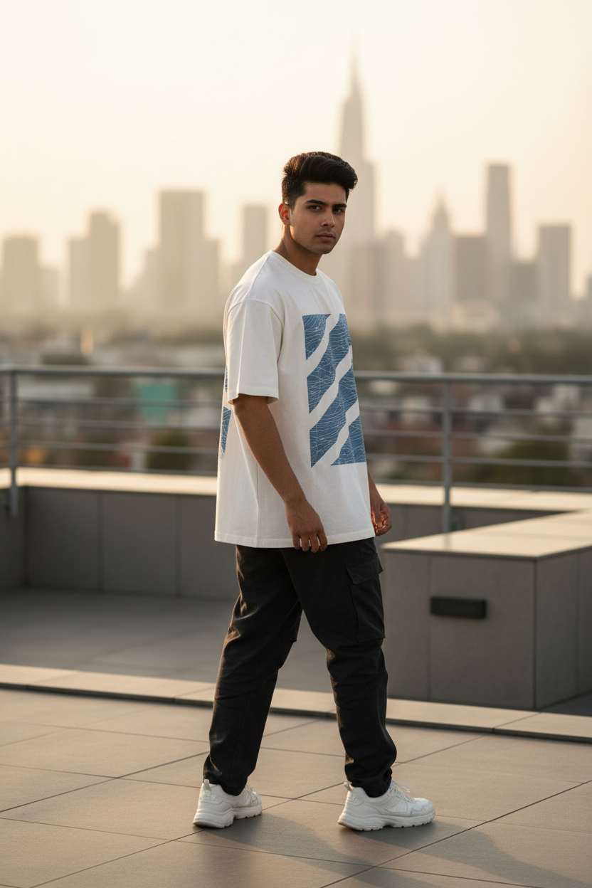 Men's White Graphic Print Sports T-Shirt — Oversized Casual Tee