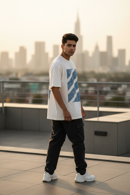 Men's White Graphic Print Sports T-Shirt — Oversized Casual Tee