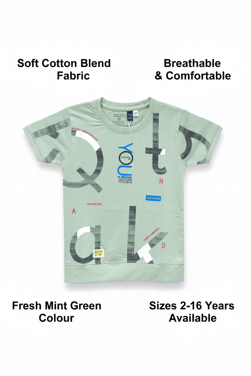 Cotton Blend Round Neck Printed T-Shirt for Boys — Mint Green Casual Wear (2-16 Years)