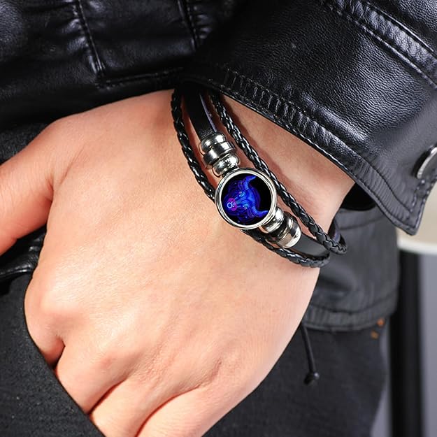 Multilayer Constellation Zodiac Leather Bracelet Vintage Black Leather Bracelet