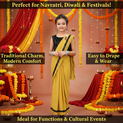 Lycra Solid Saree for Girls — Mustard Ethnic Wear for Kids (3-8 Years)