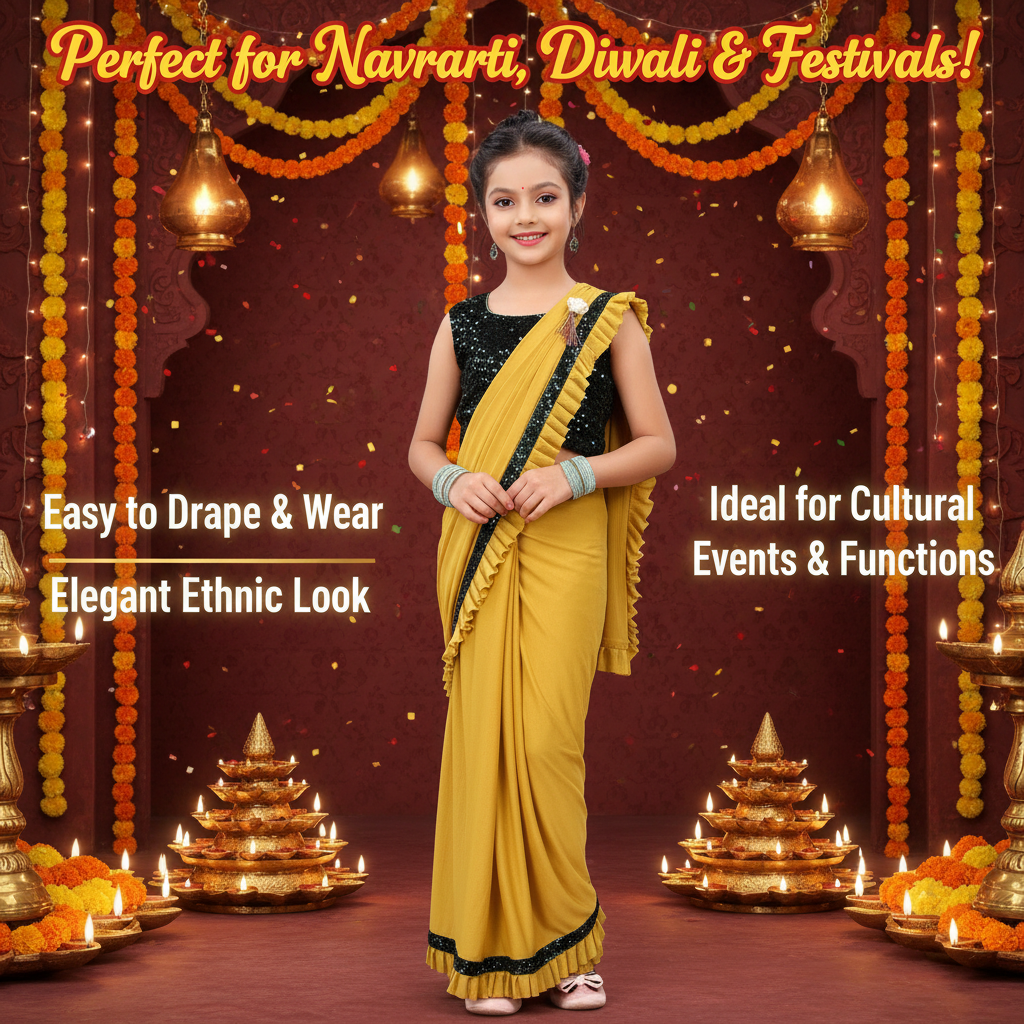 Lycra Solid Saree for Girls — Mustard Ethnic Wear (5-6 Years)