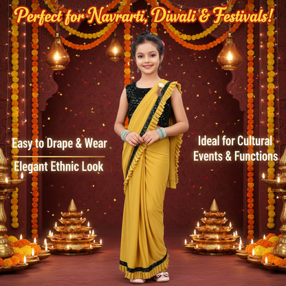 Lycra Solid Saree for Girls — Mustard Ethnic Wear (5-6 Years)
