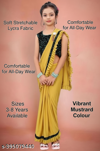 Lycra Solid Saree for Girls — Mustard Ethnic Wear for Kids (3-8 Years)