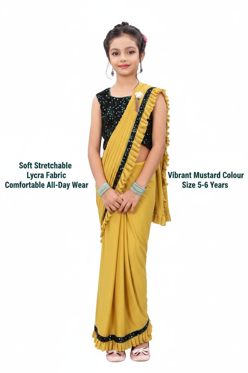Lycra Solid Saree for Girls — Mustard Ethnic Wear (5-6 Years)