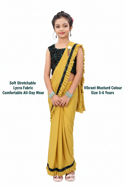 Lycra Solid Saree for Girls — Mustard Ethnic Wear (5-6 Years)