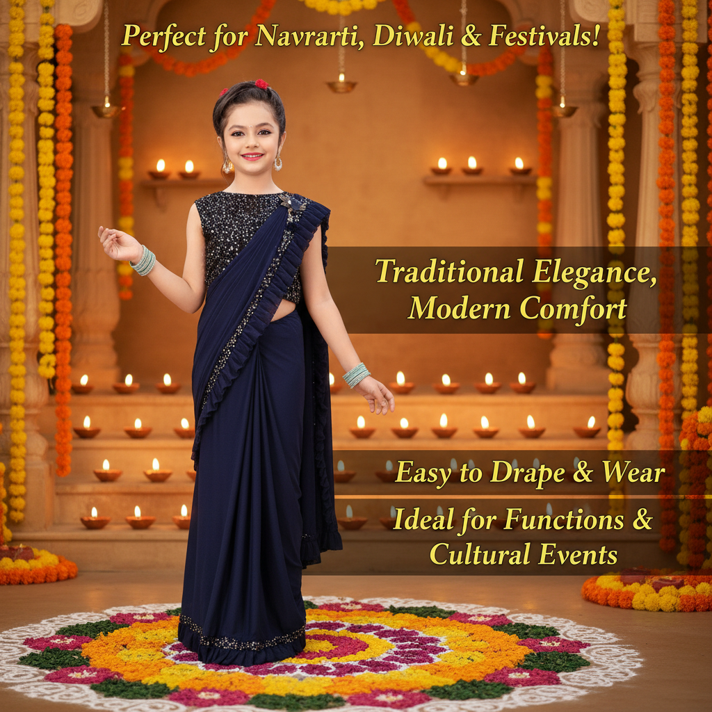 Lycra Solid Saree for Girls — Navy Blue Ethnic Wear for Kids (3-8 Years)