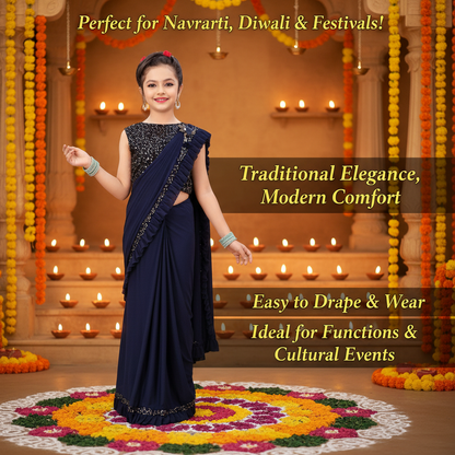 Lycra Solid Saree for Girls — Navy Blue Ethnic Wear for Kids (3-8 Years)