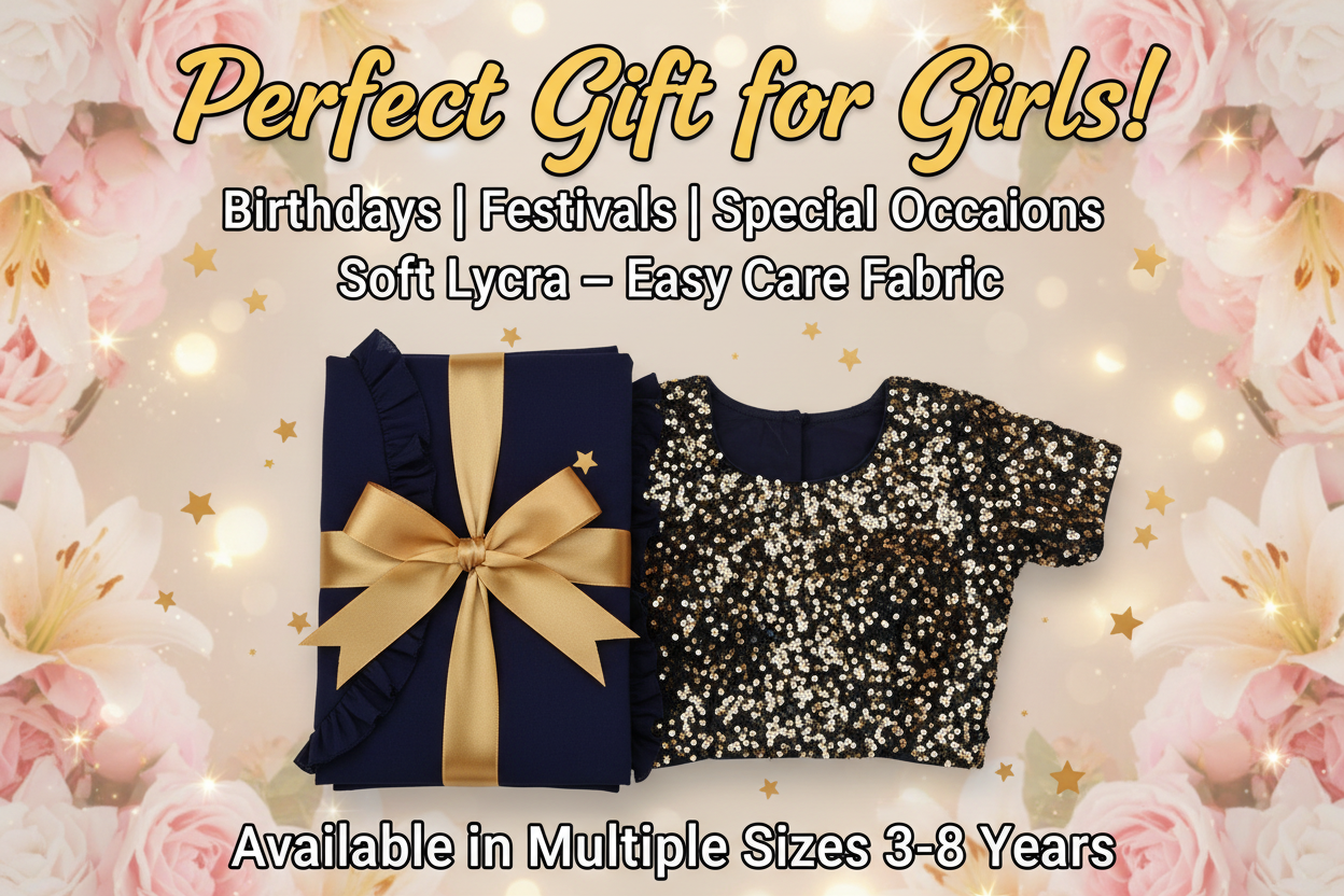 Lycra Solid Saree for Girls — Navy Blue Ethnic Wear for Kids (3-8 Years)