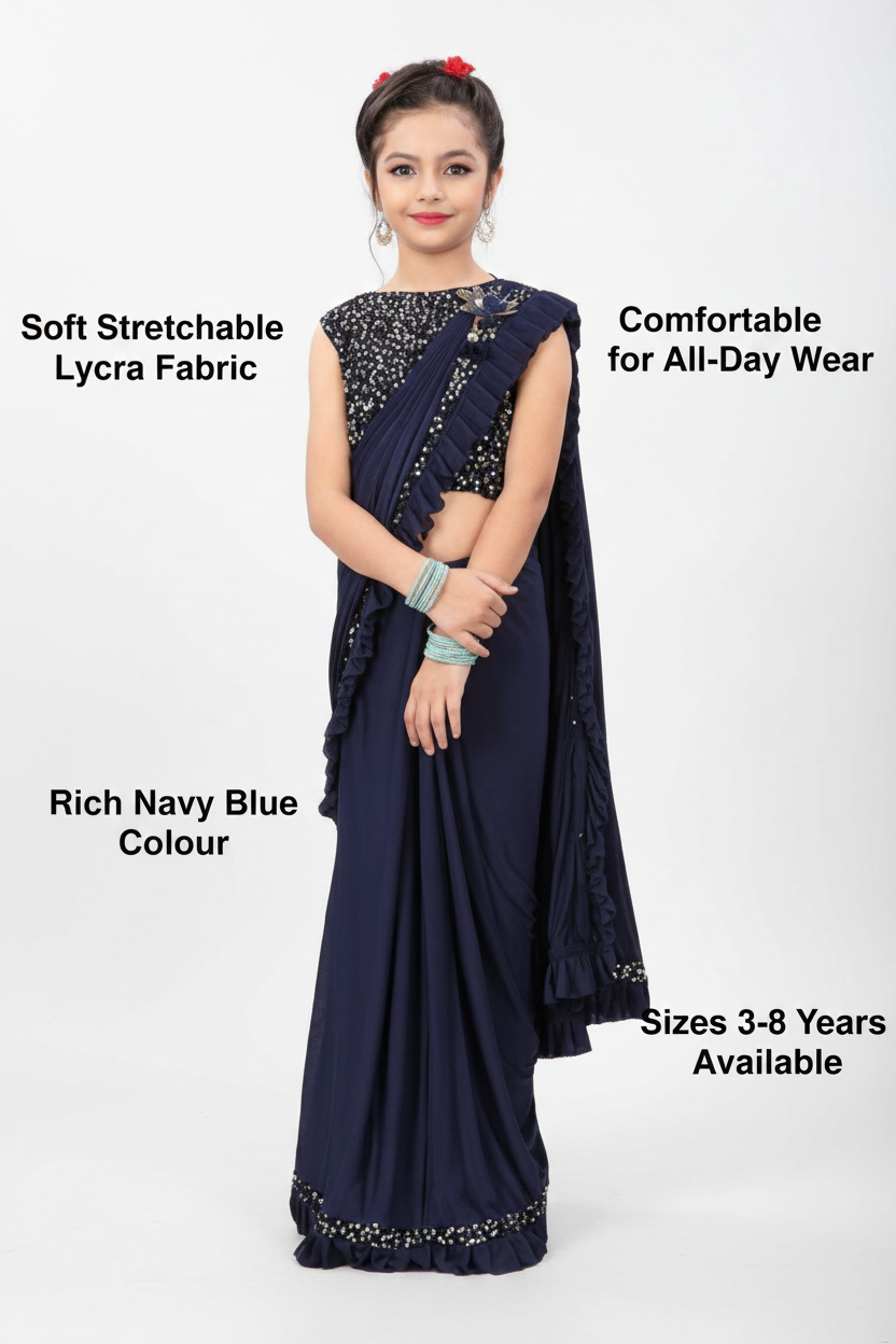 Lycra Solid Saree for Girls — Navy Blue Ethnic Wear for Kids (3-8 Years)
